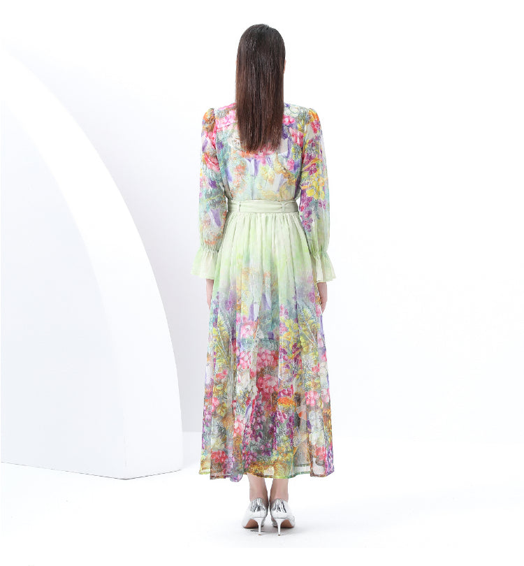 Original design - spring and summer real shot - spot light luxury heavy work chiffon splicing tape embroidery high-waisted thin temperament dress
