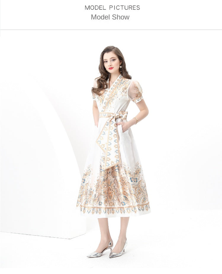 Spring/summer wrap tie style V-neck balloon sleeve long vintage print dress