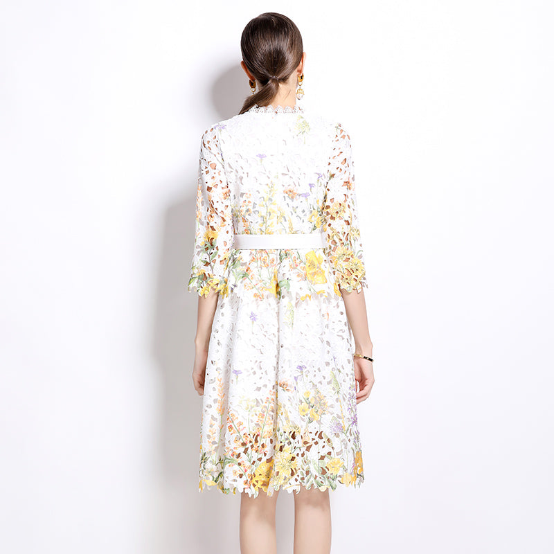 Original design mid long sleeved fashionable slimming hollow out water-soluble lace positioning mid length dress