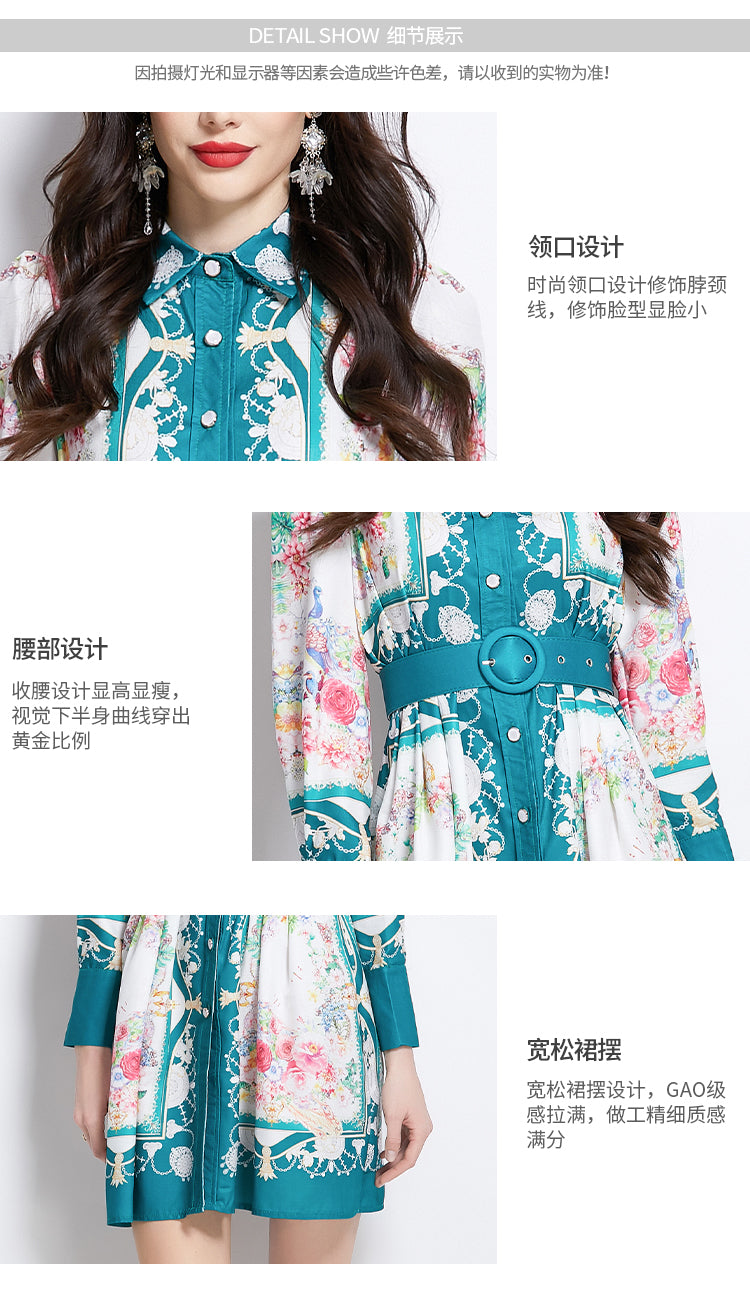 Original Design Spring/Summer/Autumn Vacation Retro Oil Painting Printed Collar Short Dress