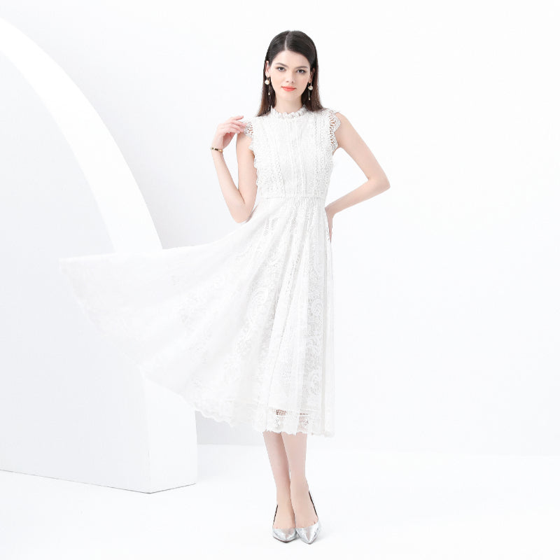 Original design: Spring, Summer, Autumn, Vacation, round neck, smocked style, lace, sleeveless, lace, long vintage dress