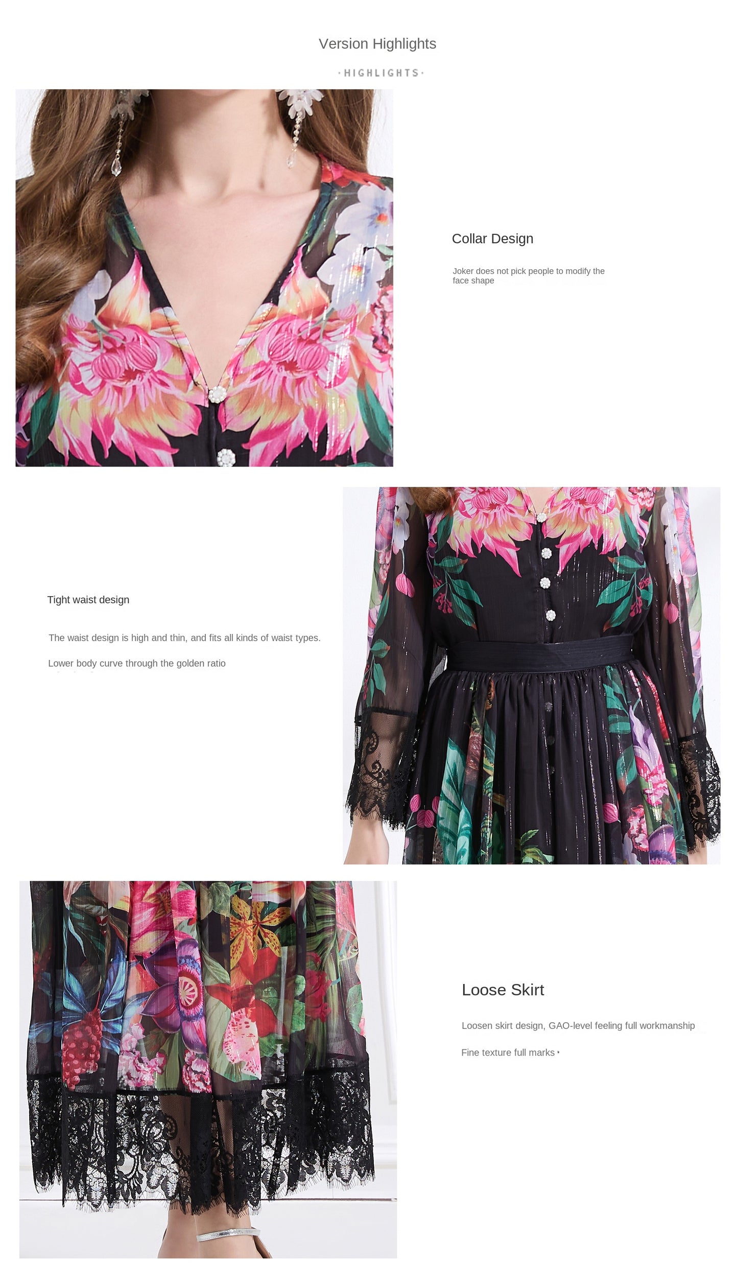 Original design Spring/summer resort V-neck lace print suit with waist ruffle maxi dress