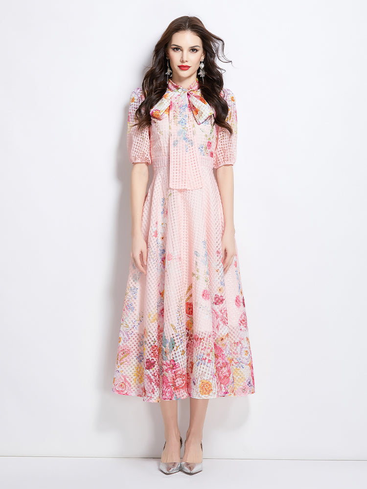 Original Design Spring/Summer Vacation New Oil Painting Flower Bubble Sleeve Medium length Dress