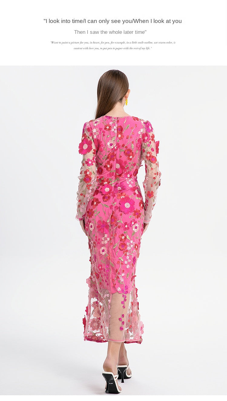 Fine art boutique color embroidery handmade three-dimensional flower slim mermaid skirt temperament women's dress