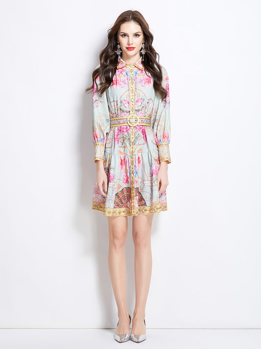 Original Design Spring Summer Autumn Vacation Painted Oil Painting Style Short Collar Dress