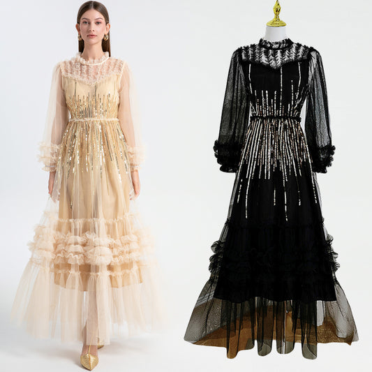 Meizhonggong embroidered sequins mesh stitching fungus edge temperament dress dress