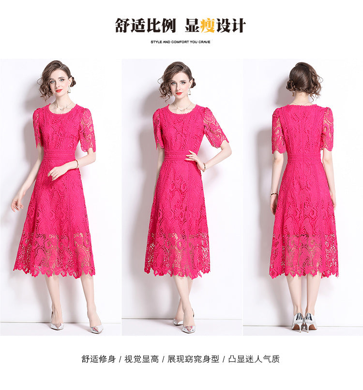 Original design temperament short sleeved skirt slim fit waist cinching heavy industry water-soluble lace dress for women