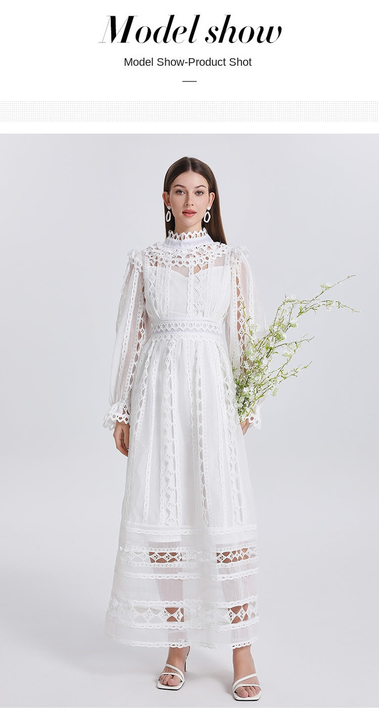 Art cut-out embroidered solid color French maxi skirt waist temperament women's dress