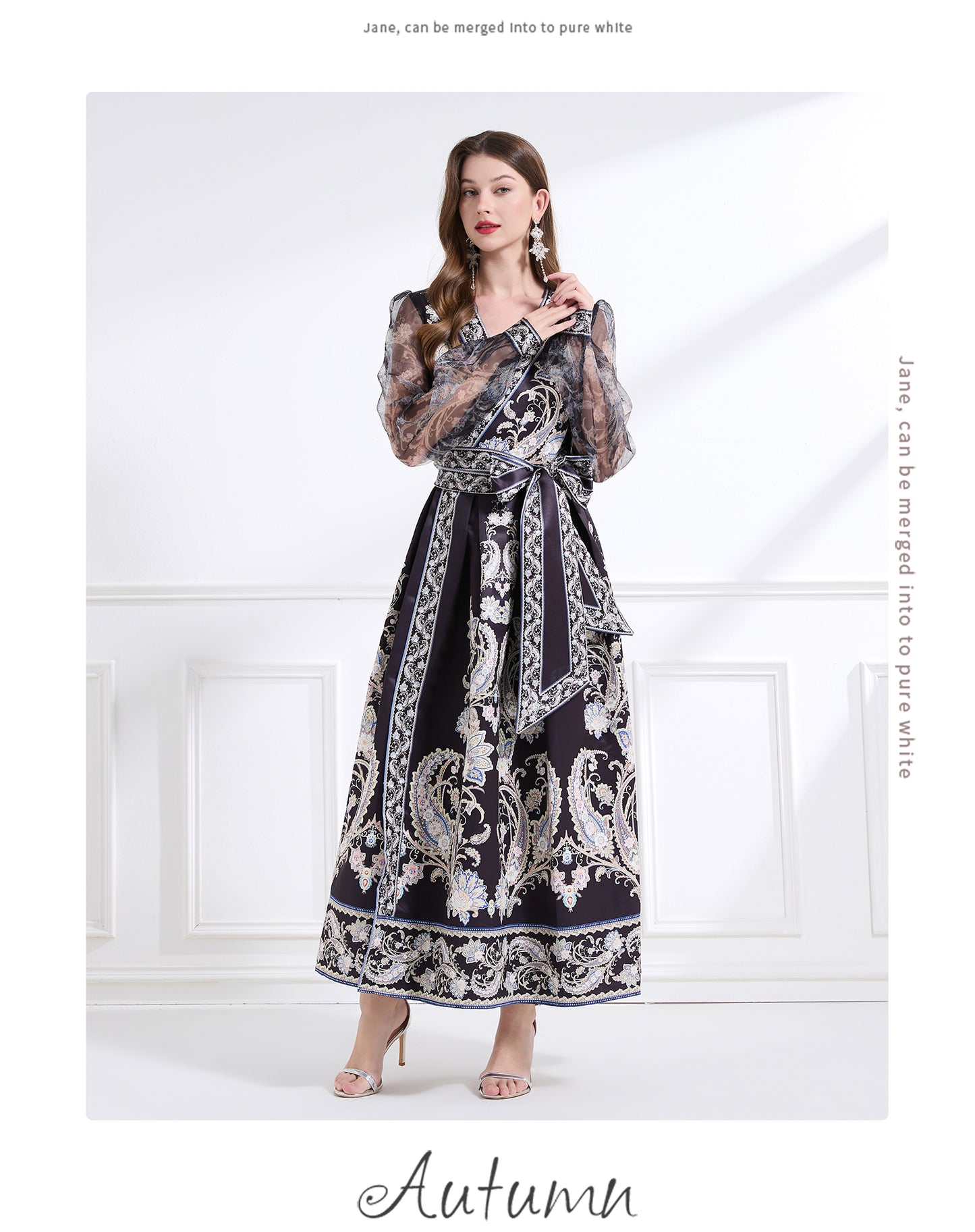 Original design - spring/summer resort-style lace-up wrap skirt, balloon sleeves, cross collar print, wide hem ruffle skirt