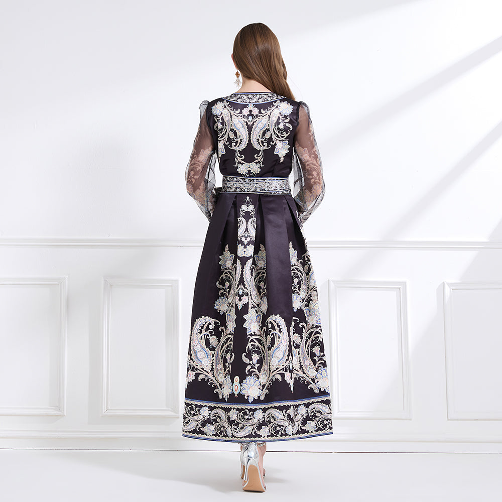 Original design - spring/summer resort-style lace-up wrap skirt, balloon sleeves, cross collar print, wide hem ruffle skirt