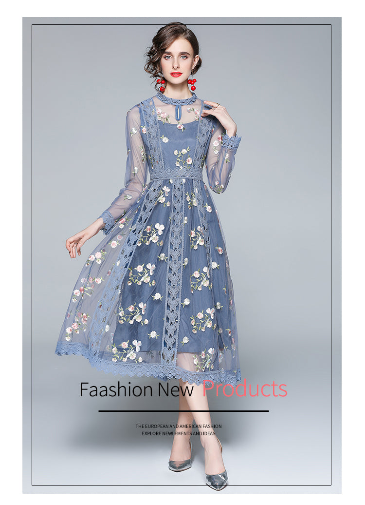 Original Design Heavy Industry Fine Embroidery Mesh French Long Style Super Fairy Sweet Dress
