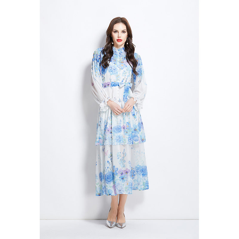 Original design summer/spring/autumn vacation long sleeved ruffled hem waist cinched black fungus collar cake dress