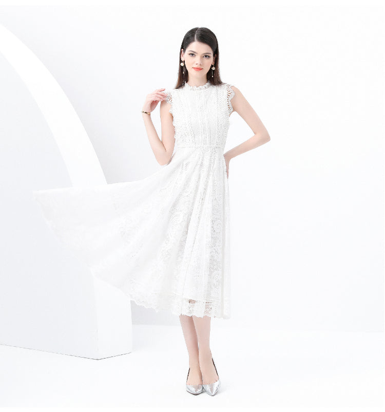 Original design: Spring, Summer, Autumn, Vacation, round neck, smocked style, lace, sleeveless, lace, long vintage dress