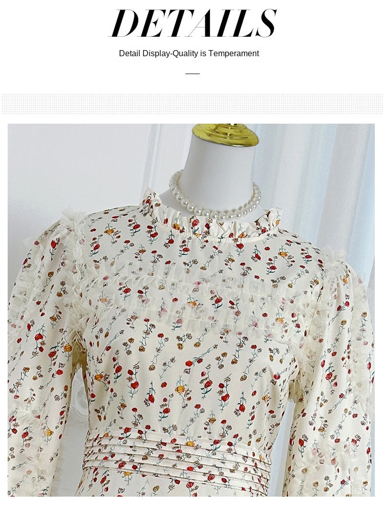 Original Design Heavy Industry Boutique Printed Splicing Mesh Wooden Ear French Palace Style Dress