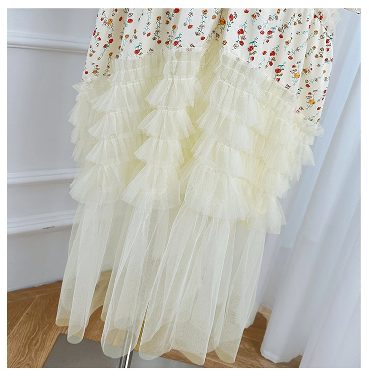 Original Design Heavy Industry Boutique Printed Splicing Mesh Wooden Ear French Palace Style Dress