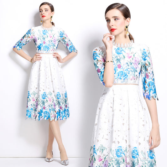 Original design mid long sleeved fashionable slimming hollow out water-soluble lace positioning mid length dress