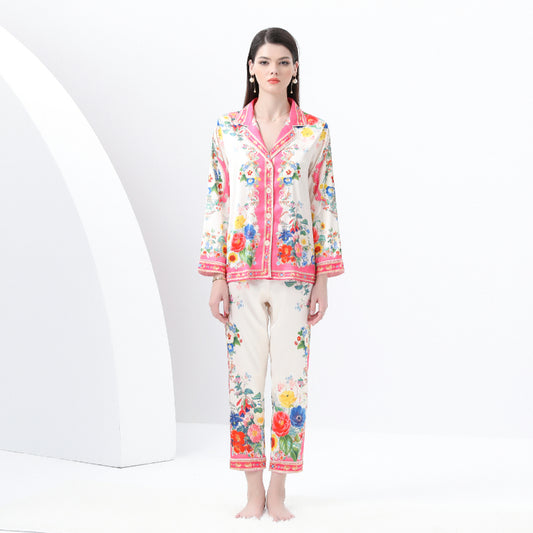 Original design: Spring, Summer, Autumn, Casual Trim, Pajama Set, Suit Collar, Long Sleeves, Long Pants, Printed Two-Piece Set
