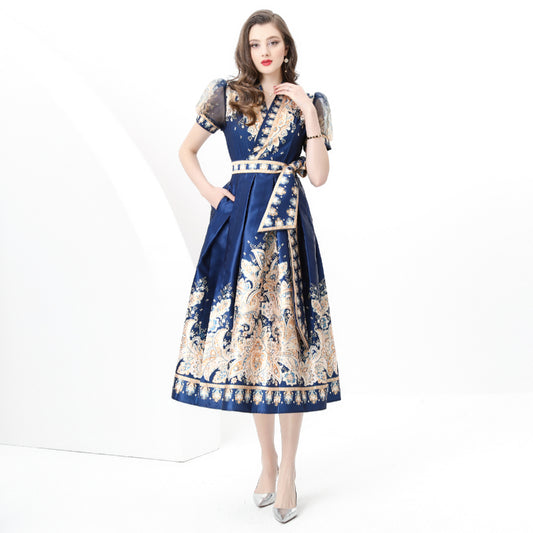 Spring/summer wrap tie style V-neck balloon sleeve long vintage print dress