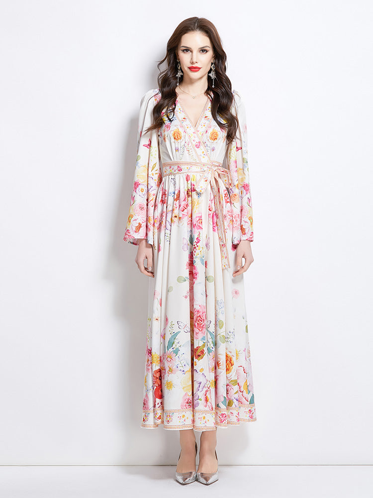 Original Design Spring/Summer New Oil Painting Flower Pattern Wrapped Mid length Dress