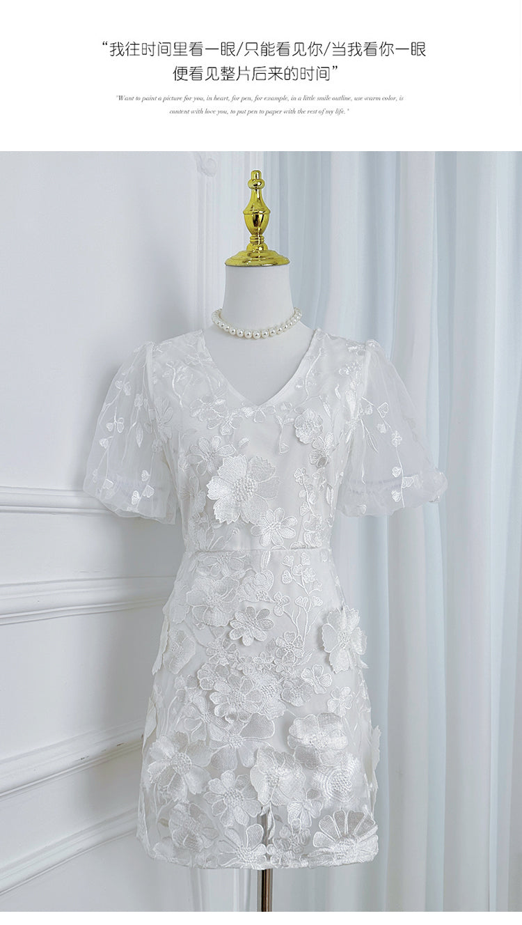 Art embroidery boutique handmade color stringing V-neck puff sleeve hip dress