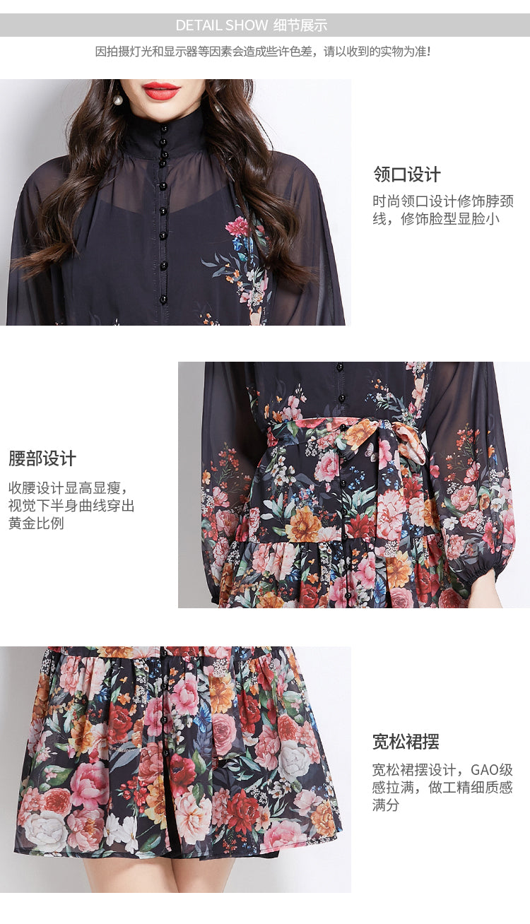 Original design for spring and summer vacation, new floral oil painting style stand up collar short dress