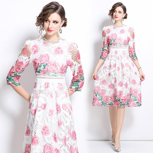Original design mid long sleeved fashionable slimming hollow out water-soluble lace positioning mid length dress