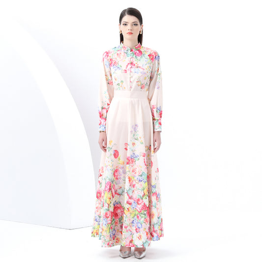 Original Design Spring/Summer Retro Style Stand up Collar High Waist Wave Edge Printed Dress Set, Two Piece