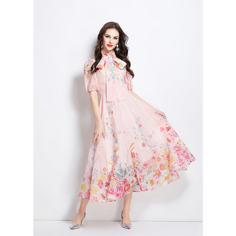 Original Design Spring/Summer Vacation New Oil Painting Flower Bubble Sleeve Medium length Dress