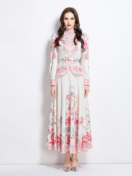 Original design for spring and summer ethnic style shirt top, mid length skirt set