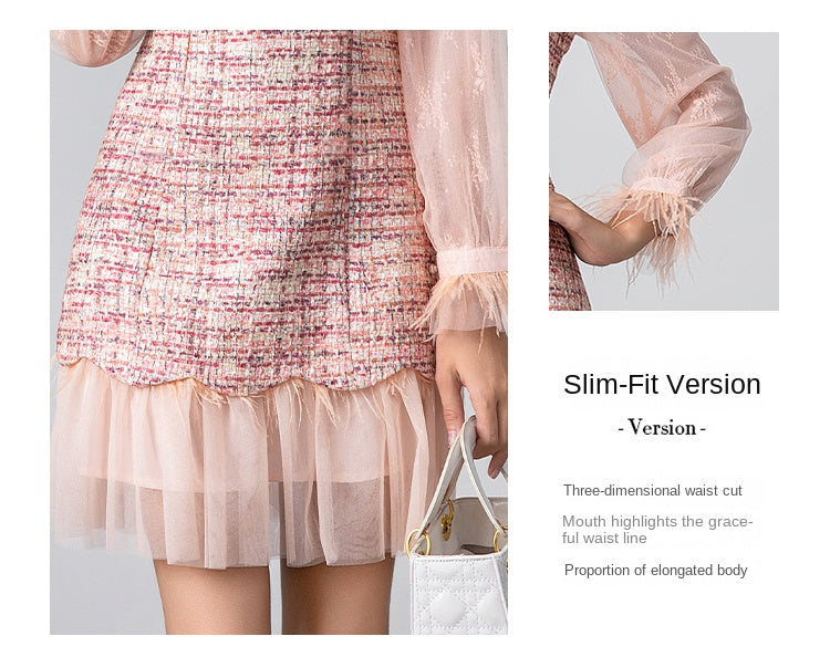 Original design lace patchwork colorful coarse tweed small fragrance style big bow ostrich fur dress
